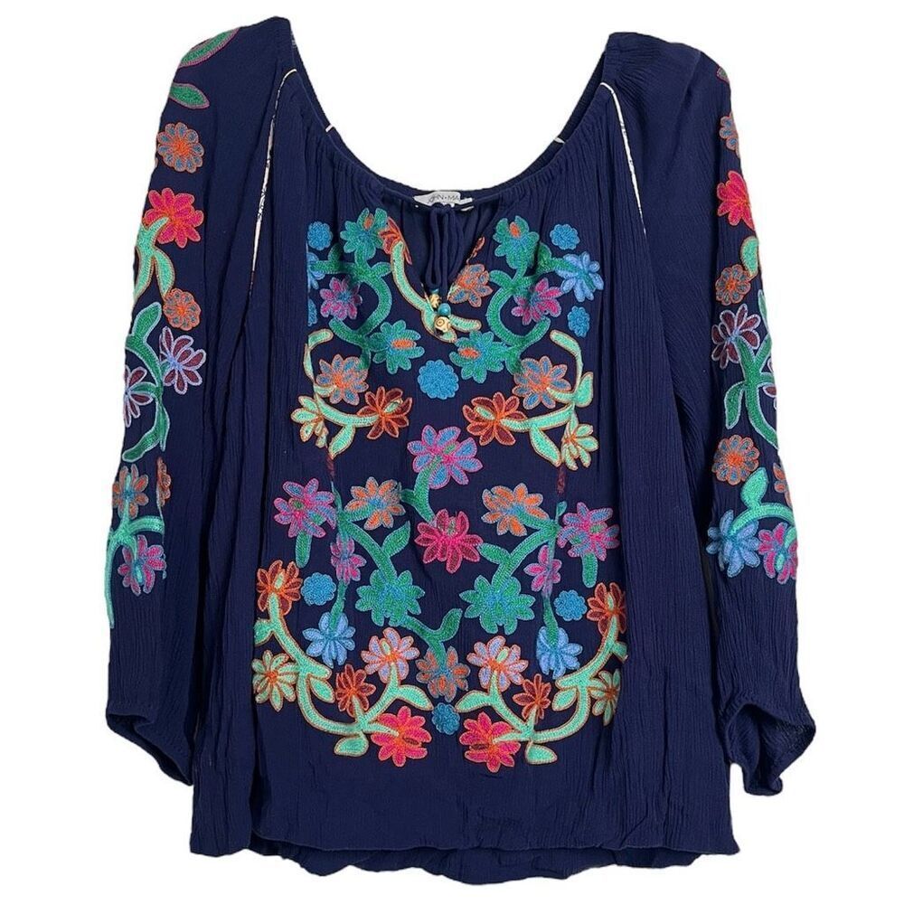 John Mark Embroidered Rayon Blouse Extra Large All Over Floral Embroidery Top XL